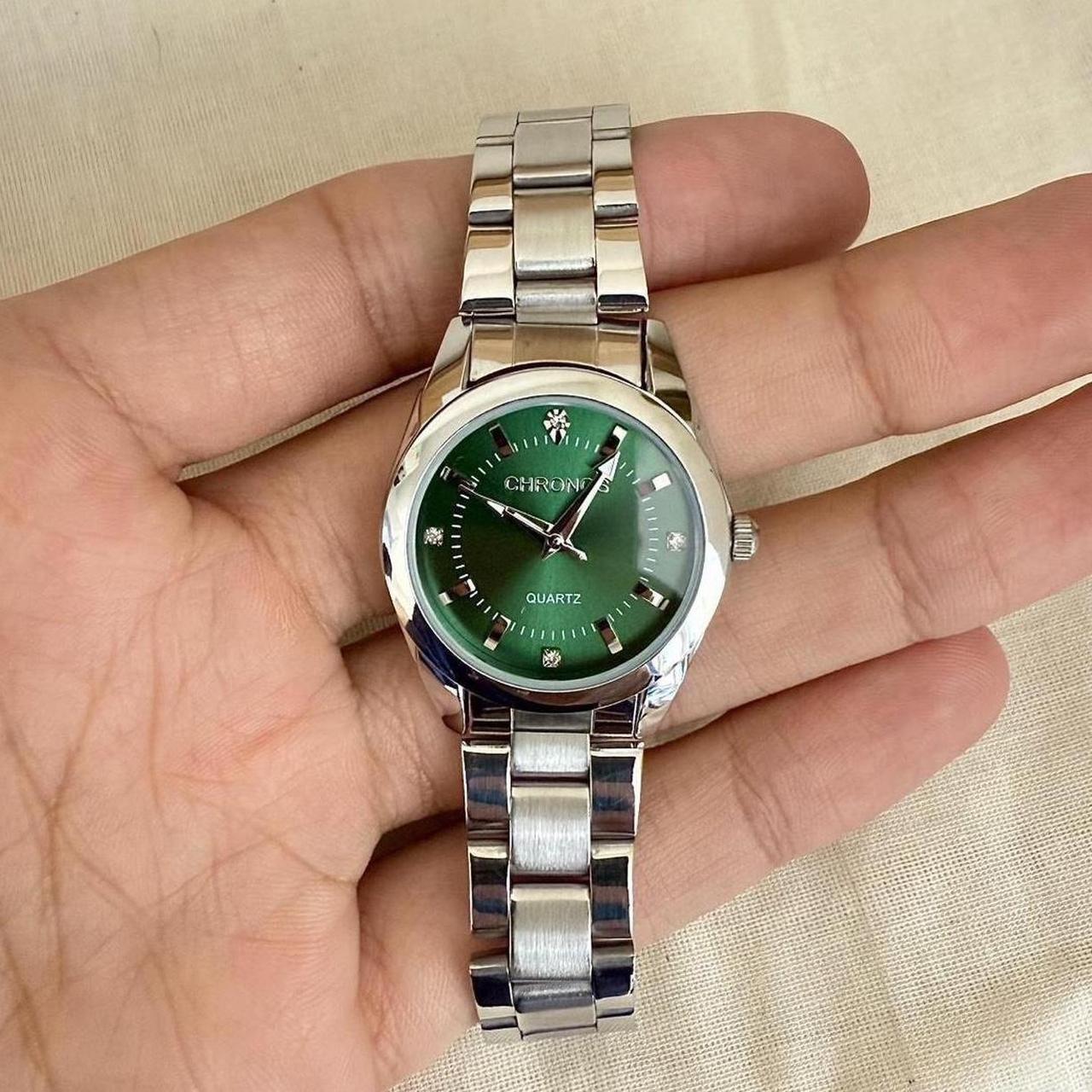 Silver Classy Sporty Round Green Stainless Steel Quartz Luxury Watch